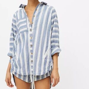 Urban Outfitters Tate ButtonUp Shirt Natural Cotton Drawstring Stripe Navy White